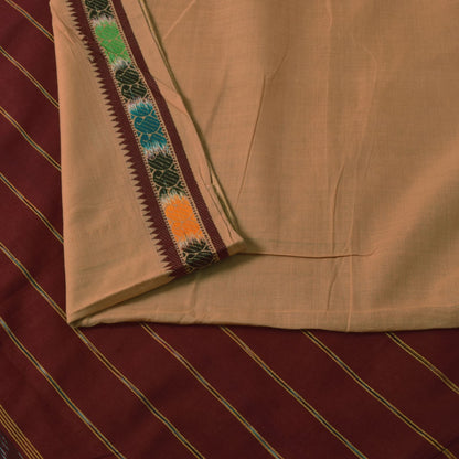 Sanskriti Vintage Beige 100% Pure Cotton Saree Ikat Hand Woven & Solid 5.5+Sari