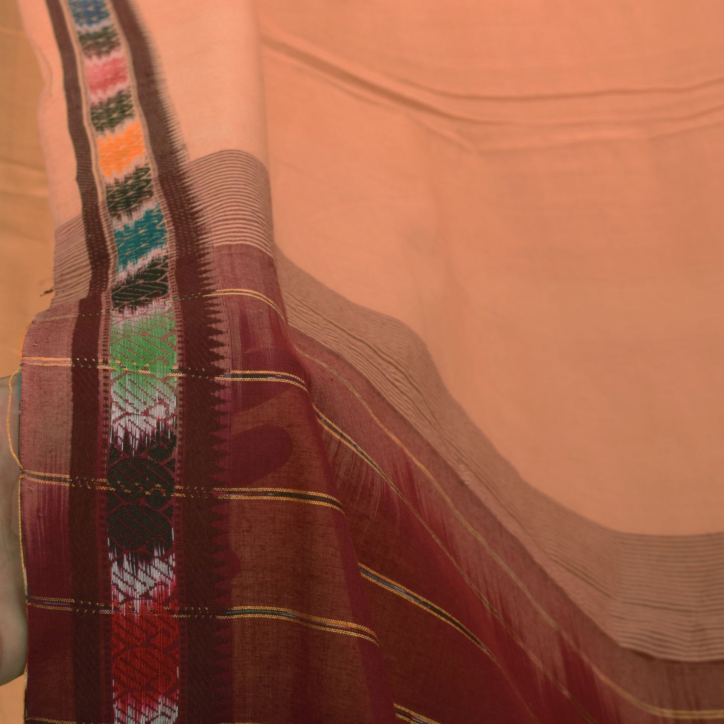 Sanskriti Vintage Beige 100% Pure Cotton Saree Ikat Hand Woven & Solid 5.5+Sari