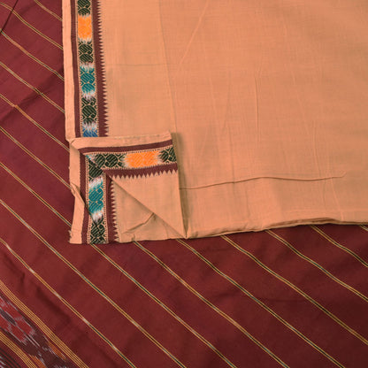 Sanskriti Vintage Beige 100% Pure Cotton Saree Ikat Hand Woven & Solid 5.5+Sari