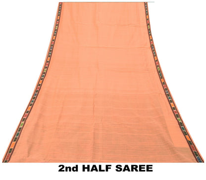 Sanskriti Vintage Beige 100% Pure Cotton Saree Ikat Hand Woven & Solid 5.5+Sari