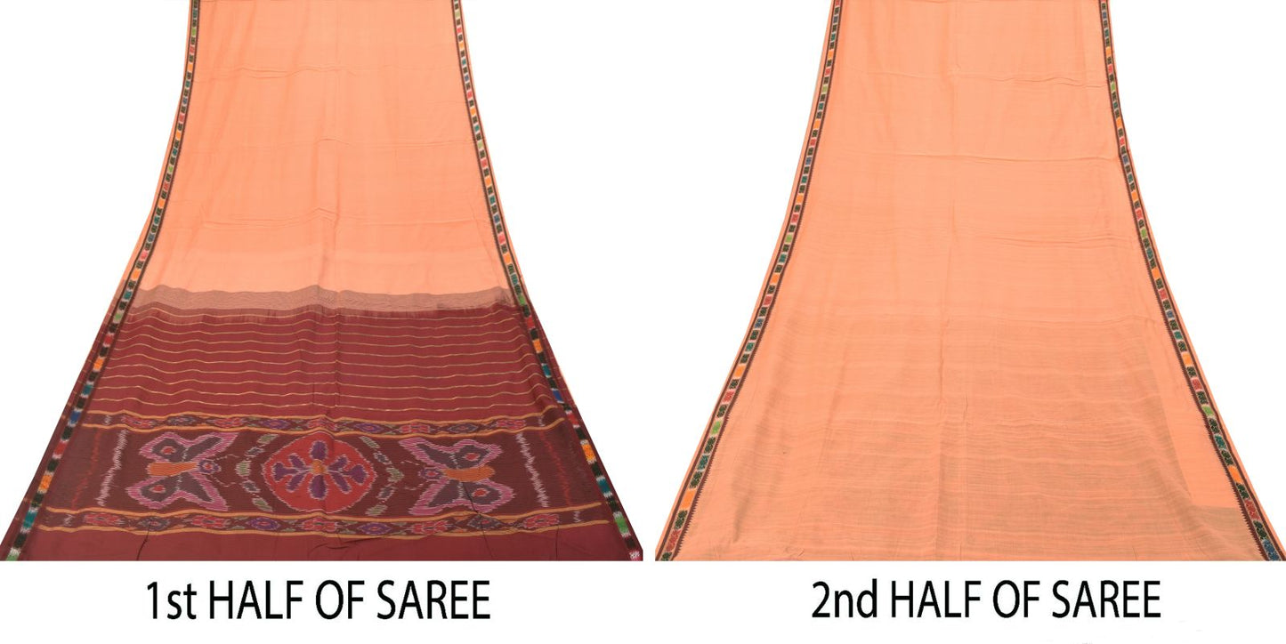 Sanskriti Vintage Beige 100% Pure Cotton Saree Ikat Hand Woven & Solid 5.5+Sari