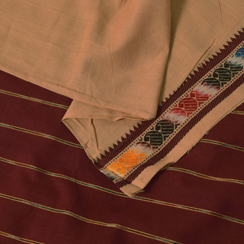 Sanskriti Vintage Beige 100% Pure Cotton Saree Ikat Hand Woven & Solid 5.5+Sari