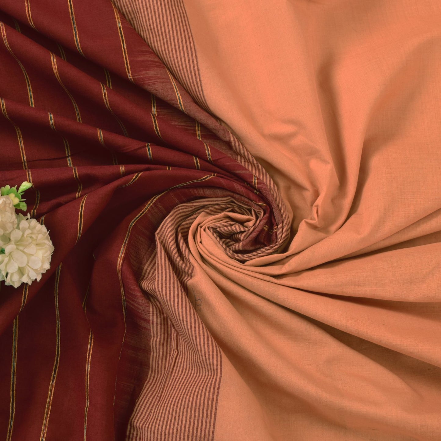 Sanskriti Vintage Beige 100% Pure Cotton Saree Ikat Hand Woven & Solid 5.5+Sari