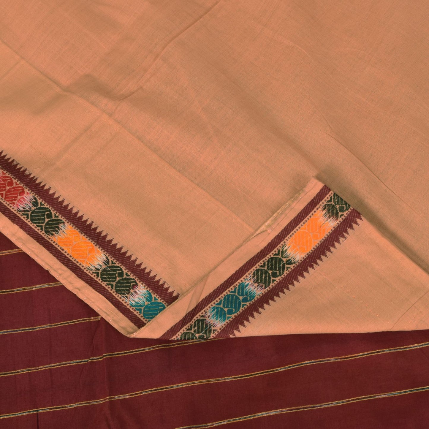Sanskriti Vintage Beige 100% Pure Cotton Saree Ikat Hand Woven & Solid 5.5+Sari