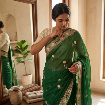 Sanskriti Vintage Soft Green Art Silk Saree Hand Embroidery Zari Dabka5.5YD Sari
