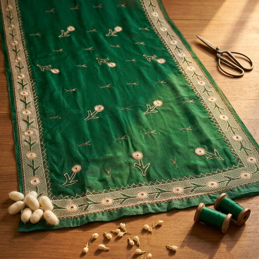 Sanskriti Vintage Soft Green Art Silk Saree Hand Embroidery Zari Dabka5.5YD Sari