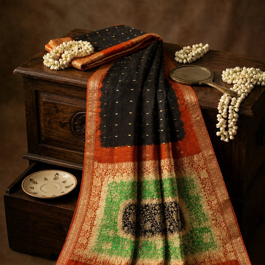 Sanskriti Vintage Black Soft Pure Silk Saree Brocade Zari Woven 5.5+YDSari Craft