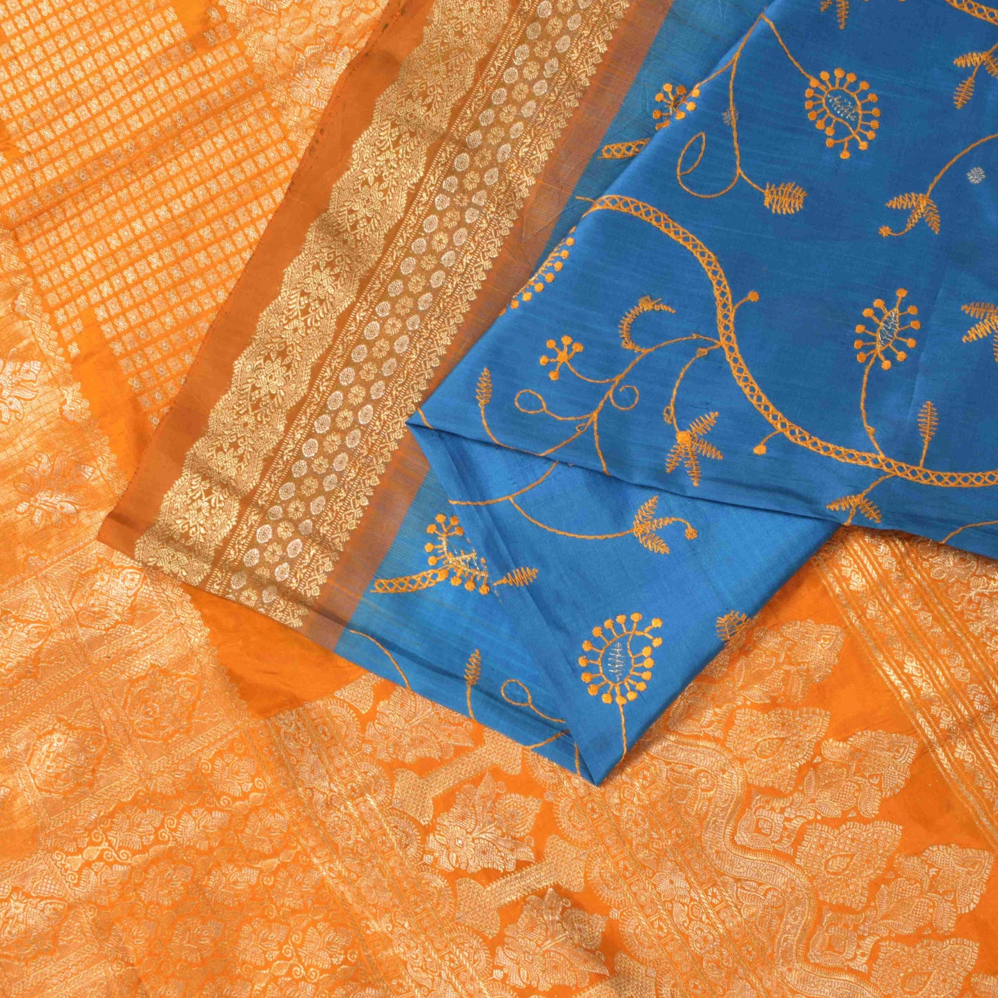 Sanskriti Vintage Blue Pure Silk Saree Brocade Zari Handwoven & Embroidery 5.5YD
