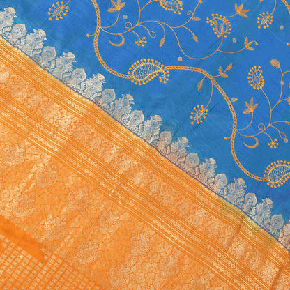 Sanskriti Vintage Blue Pure Silk Saree Brocade Zari Handwoven & Embroidery 5.5YD