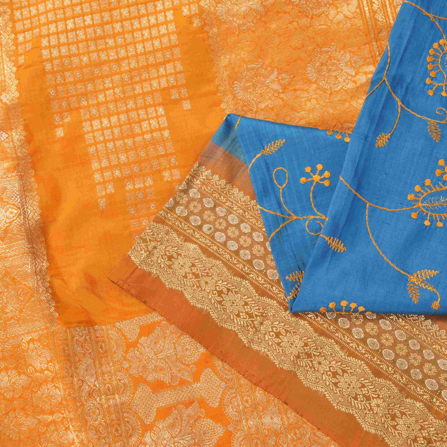 Sanskriti Vintage Blue Pure Silk Saree Brocade Zari Handwoven & Embroidery 5.5YD