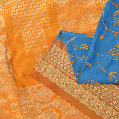 Sanskriti Vintage Blue Pure Silk Saree Brocade Zari Handwoven & Embroidery 5.5YD