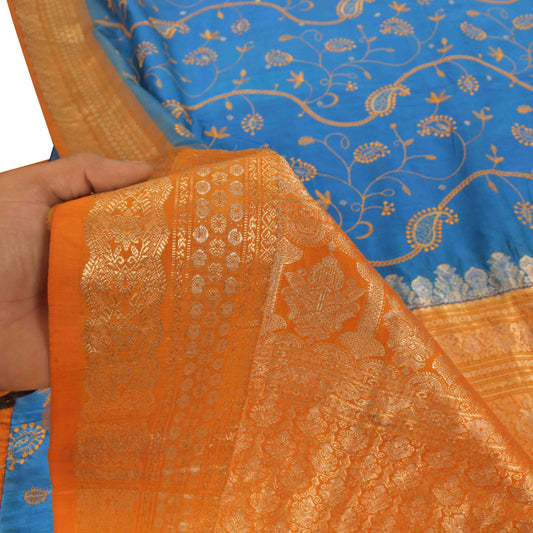 Sanskriti Vintage Blue Pure Silk Saree Brocade Zari Handwoven & Embroidery 5.5YD
