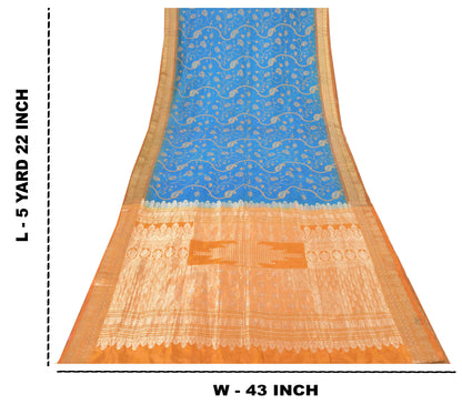 Sanskriti Vintage Blue Pure Silk Saree Brocade Zari Handwoven & Embroidery 5.5YD