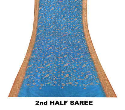 Sanskriti Vintage Blue Pure Silk Saree Brocade Zari Handwoven & Embroidery 5.5YD
