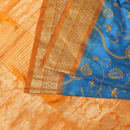 Sanskriti Vintage Blue Pure Silk Saree Brocade Zari Handwoven & Embroidery 5.5YD