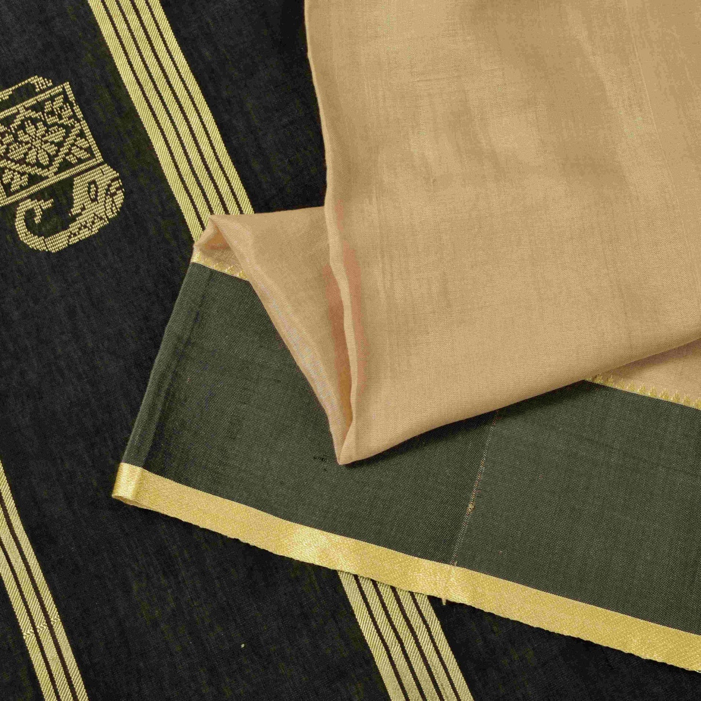 Sanskriti Vintage Cream-Black Cotton Silk Saree Elephant Woven Sari 5+YD Craft