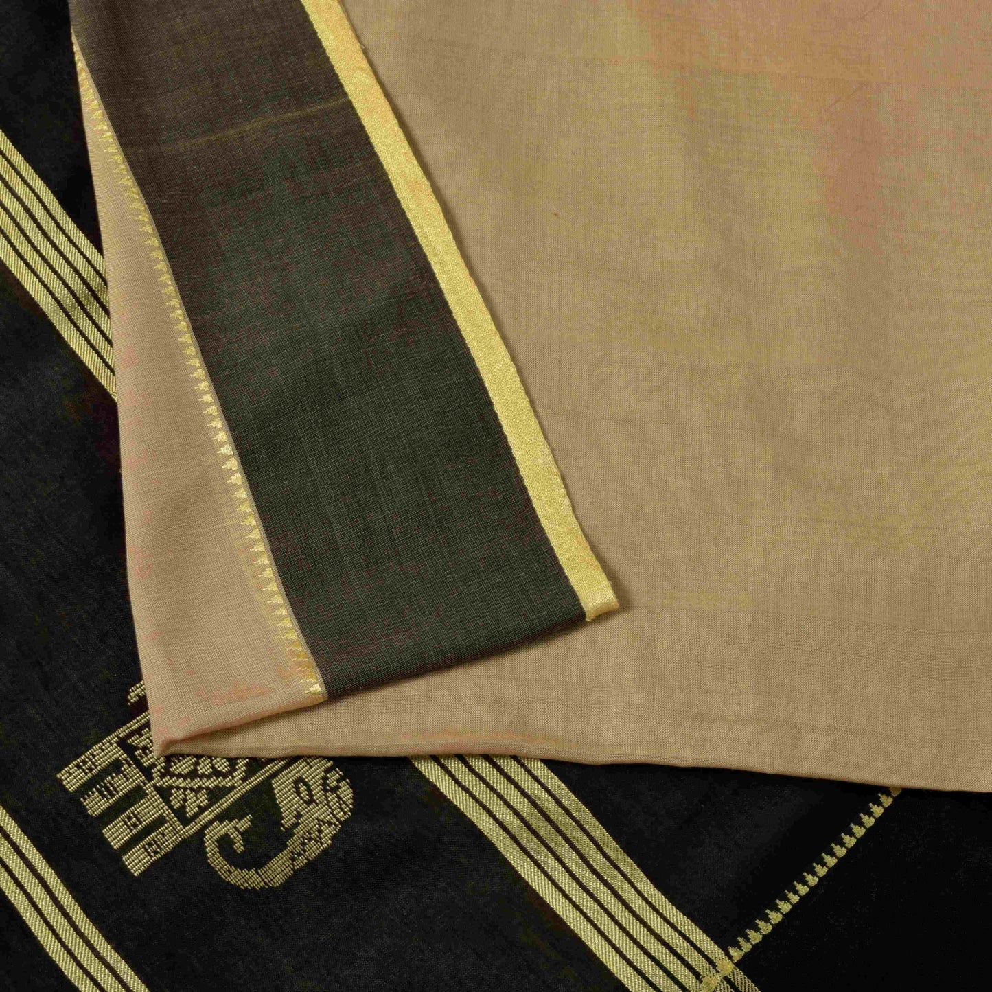 Sanskriti Vintage Cream-Black Cotton Silk Saree Elephant Woven Sari 5+YD Craft