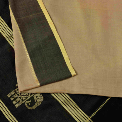 Sanskriti Vintage Cream-Black Cotton Silk Saree Elephant Woven Sari 5+YD Craft