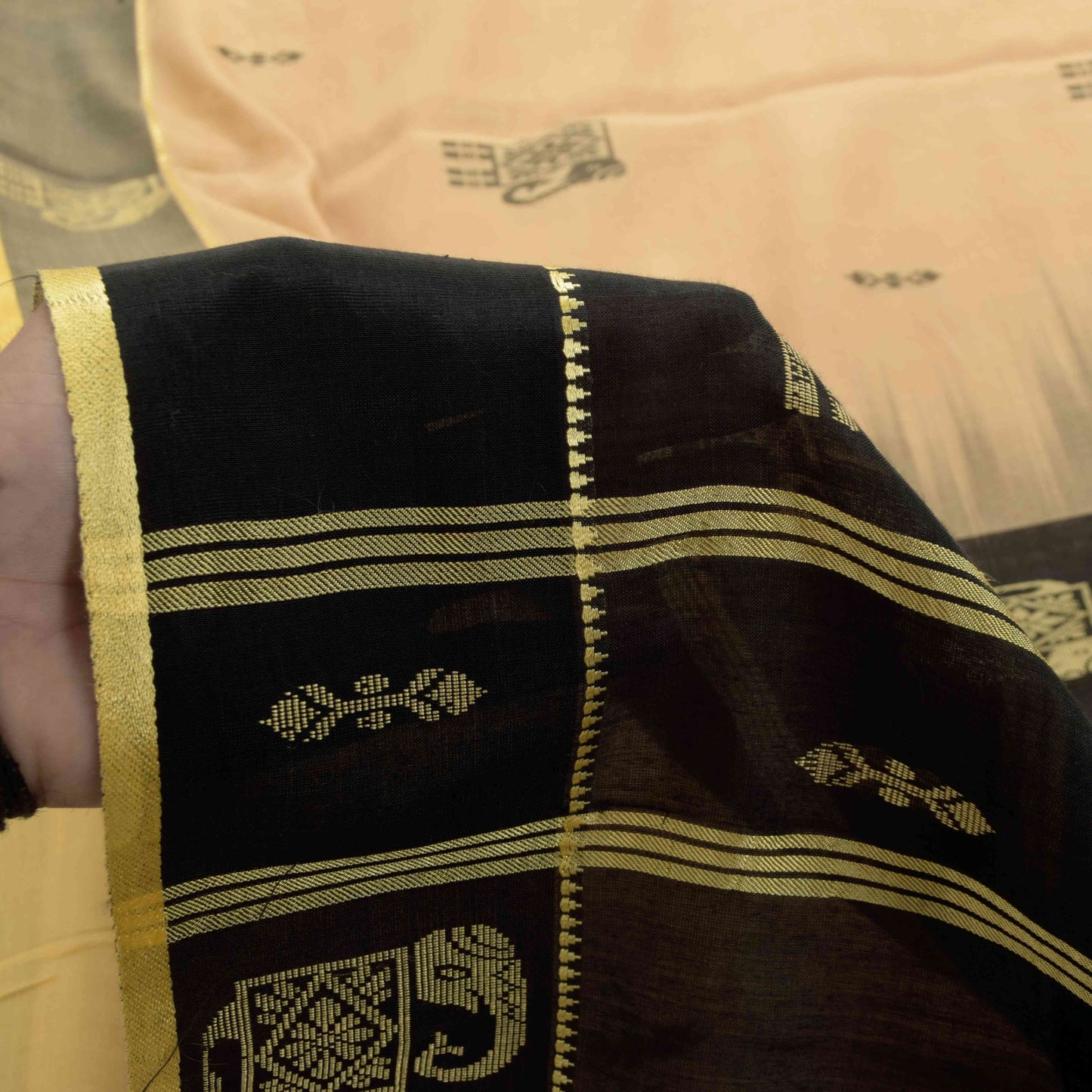 Sanskriti Vintage Cream-Black Cotton Silk Saree Elephant Woven Sari 5+YD Craft