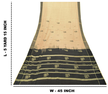 Sanskriti Vintage Cream-Black Cotton Silk Saree Elephant Woven Sari 5+YD Craft