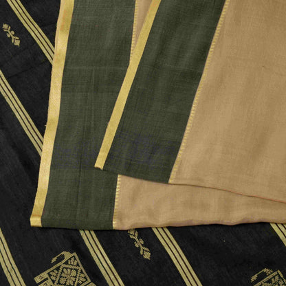 Sanskriti Vintage Cream-Black Cotton Silk Saree Elephant Woven Sari 5+YD Craft