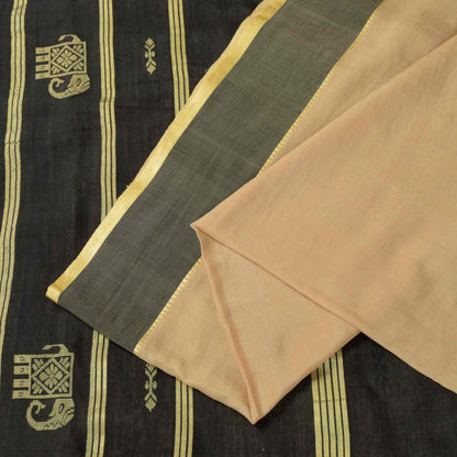 Sanskriti Vintage Cream-Black Cotton Silk Saree Elephant Woven Sari 5+YD Craft