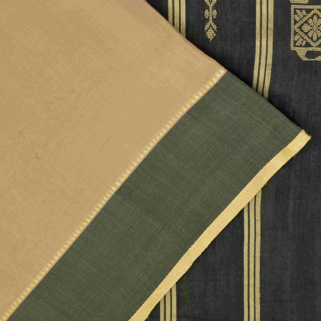 Sanskriti Vintage Cream-Black Cotton Silk Saree Elephant Woven Sari 5+YD Craft