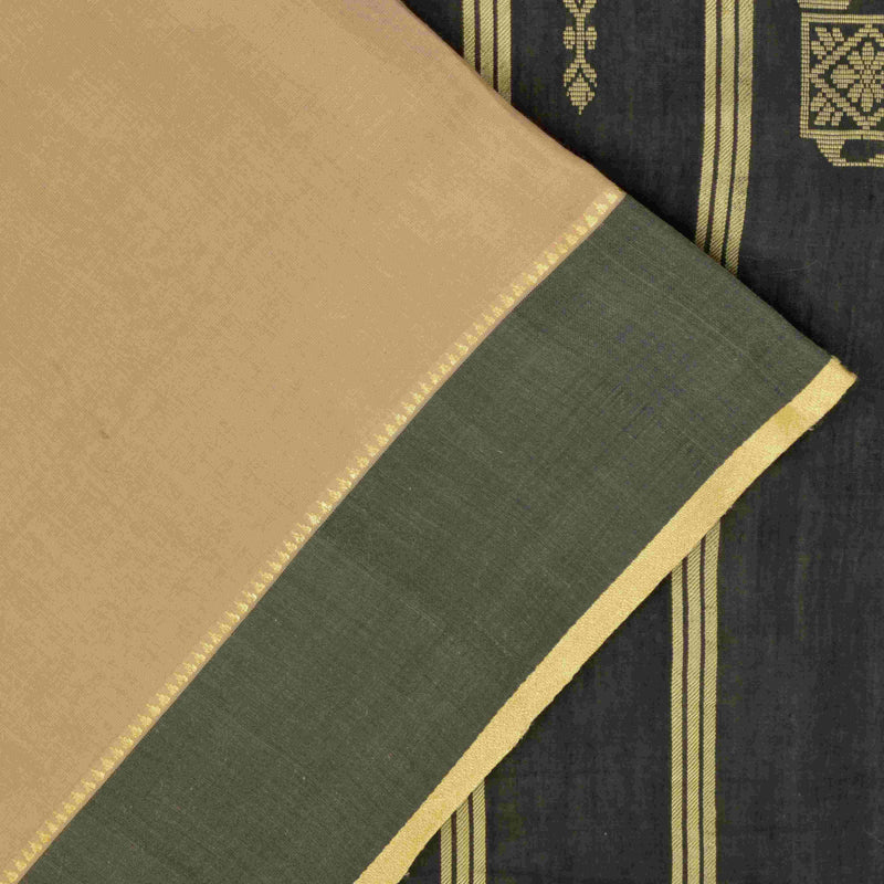 Sanskriti Vintage Cream-Black Cotton Silk Saree Elephant Woven Sari 5+YD Craft