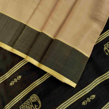 Sanskriti Vintage Cream-Black Cotton Silk Saree Elephant Woven Sari 5+YD Craft