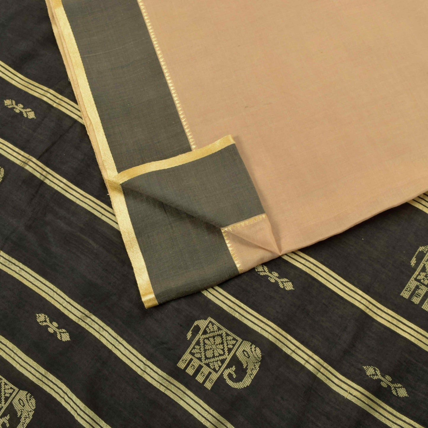 Sanskriti Vintage Cream-Black Cotton Silk Saree Elephant Woven Sari 5+YD Craft
