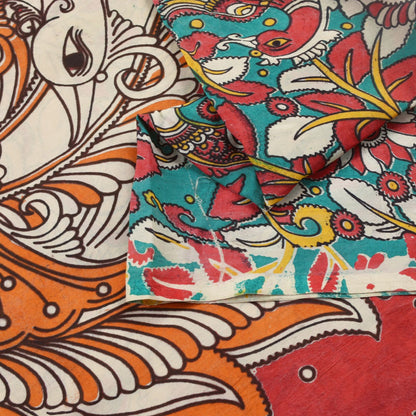 Sanskriti Vintage Red-Blue Pure Cotton Saree Handmade Kalamkari Sari 6.5+YDCraft