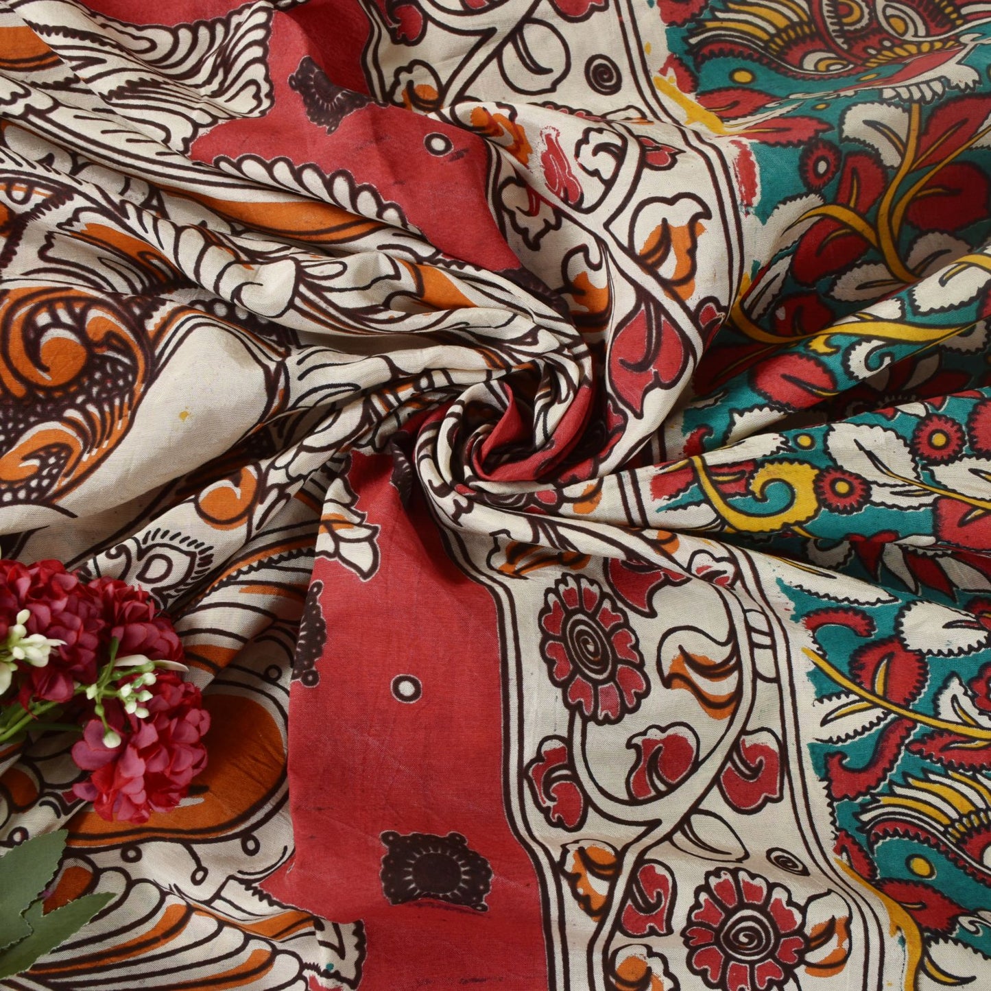 Sanskriti Vintage Red-Blue Pure Cotton Saree Handmade Kalamkari Sari 6.5+YDCraft