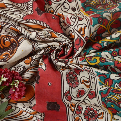 Sanskriti Vintage Red-Blue Pure Cotton Saree Handmade Kalamkari Sari 6.5+YDCraft
