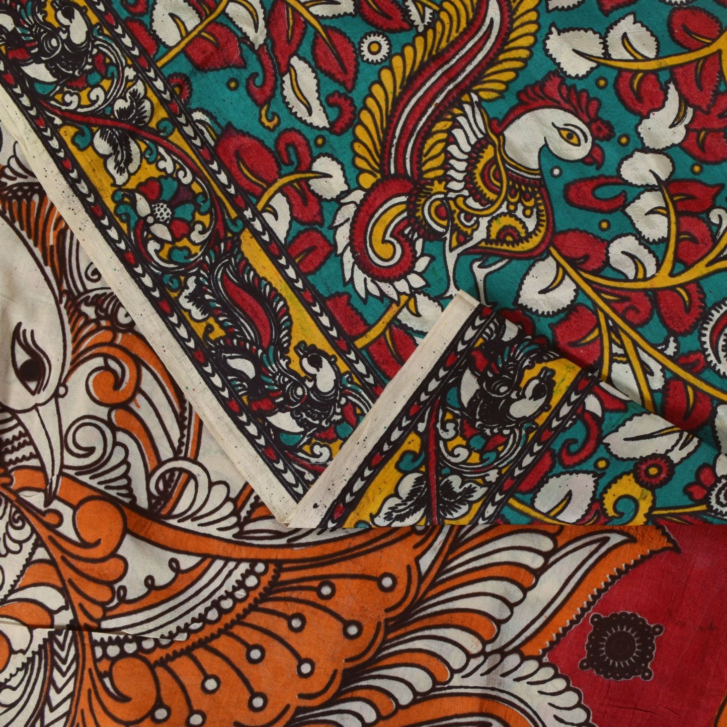 Sanskriti Vintage Red-Blue Pure Cotton Saree Handmade Kalamkari Sari 6.5+YDCraft