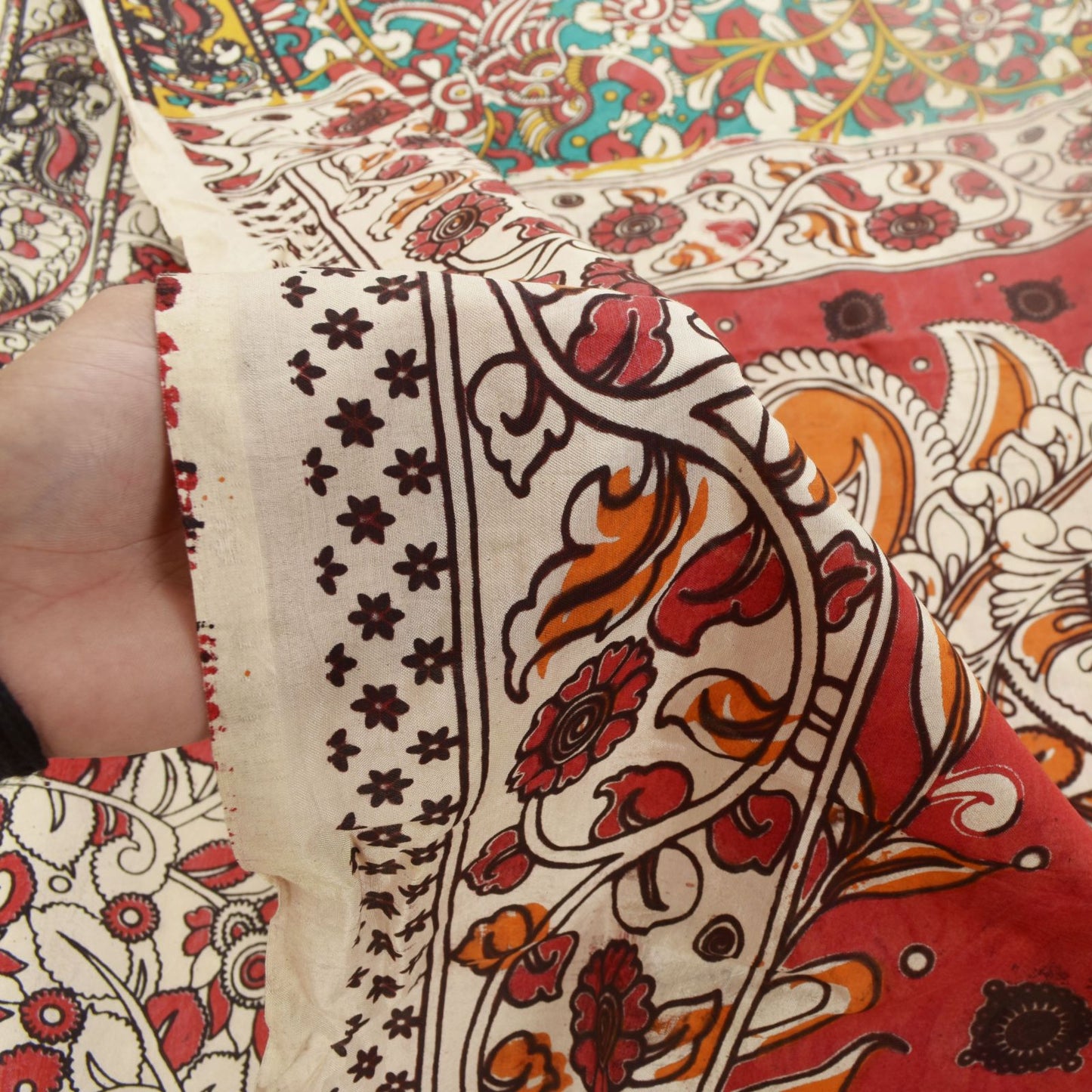 Sanskriti Vintage Red-Blue Pure Cotton Saree Handmade Kalamkari Sari 6.5+YDCraft