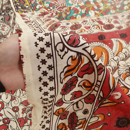Sanskriti Vintage Red-Blue Pure Cotton Saree Handmade Kalamkari Sari 6.5+YDCraft