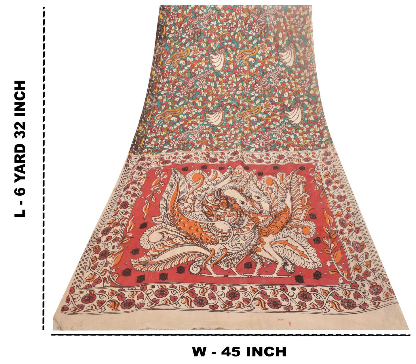 Sanskriti Vintage Red-Blue Pure Cotton Saree Handmade Kalamkari Sari 6.5+YDCraft