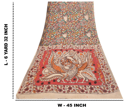 Sanskriti Vintage Red-Blue Pure Cotton Saree Handmade Kalamkari Sari 6.5+YDCraft