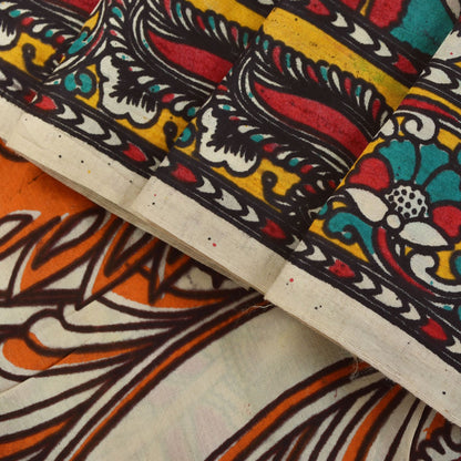 Sanskriti Vintage Red-Blue Pure Cotton Saree Handmade Kalamkari Sari 6.5+YDCraft