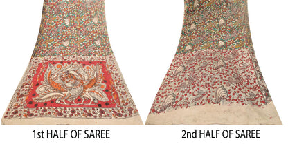 Sanskriti Vintage Red-Blue Pure Cotton Saree Handmade Kalamkari Sari 6.5+YDCraft