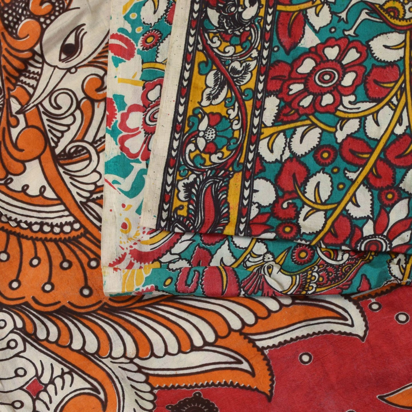 Sanskriti Vintage Red-Blue Pure Cotton Saree Handmade Kalamkari Sari 6.5+YDCraft
