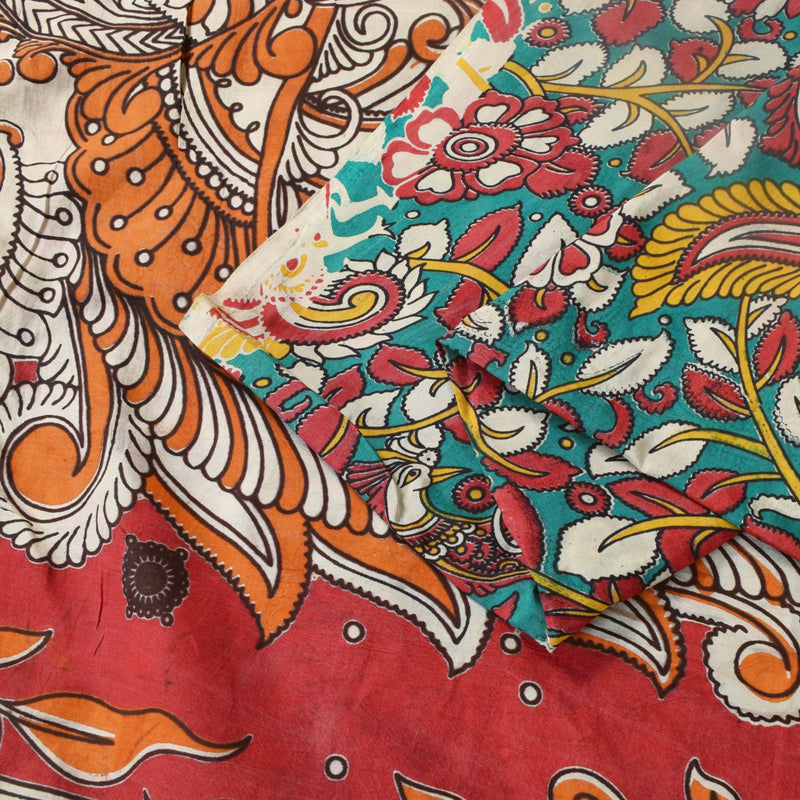 Sanskriti Vintage Red-Blue Pure Cotton Saree Handmade Kalamkari Sari 6.5+YDCraft