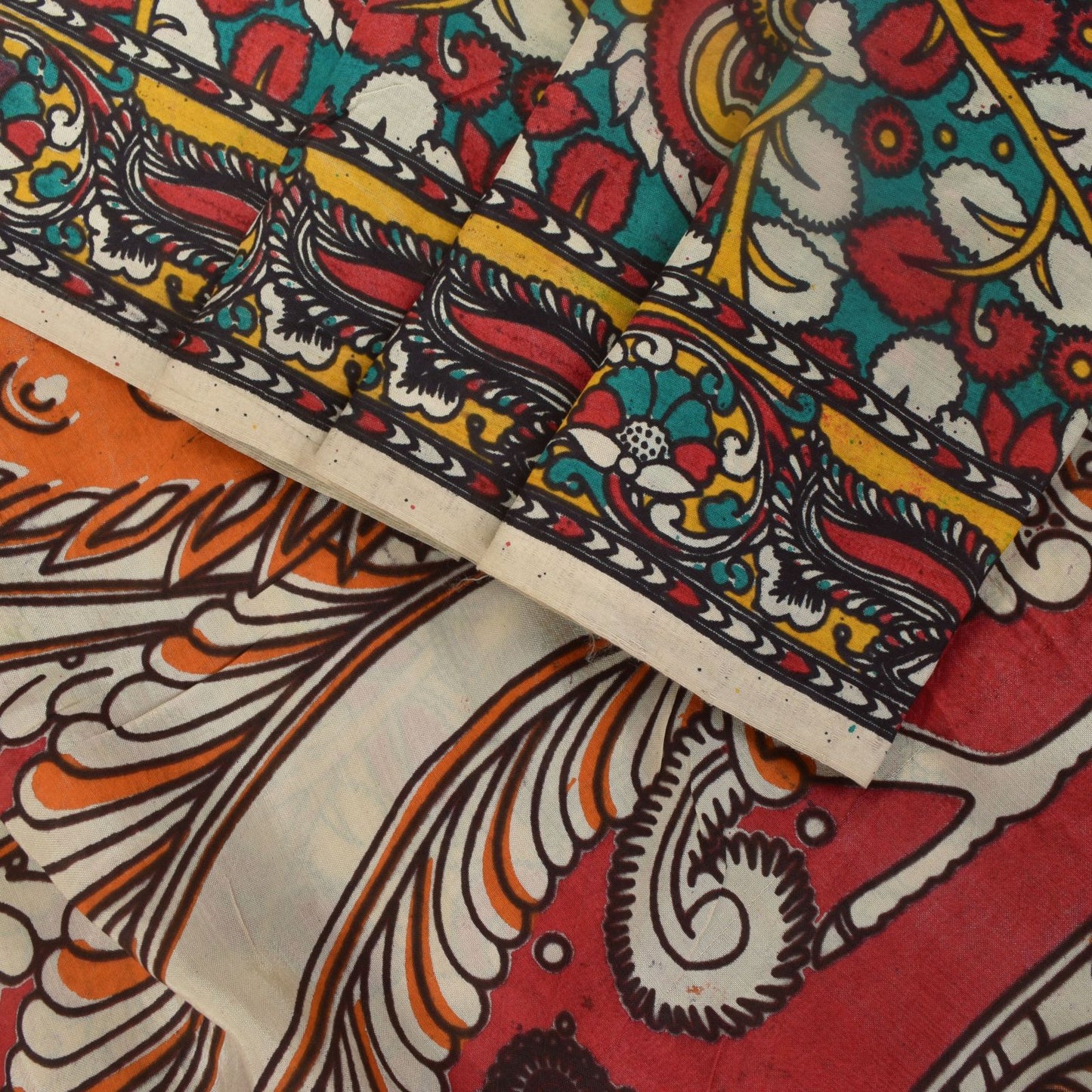 Sanskriti Vintage Red-Blue Pure Cotton Saree Handmade Kalamkari Sari 6.5+YDCraft