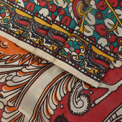Sanskriti Vintage Red-Blue Pure Cotton Saree Handmade Kalamkari Sari 6.5+YDCraft