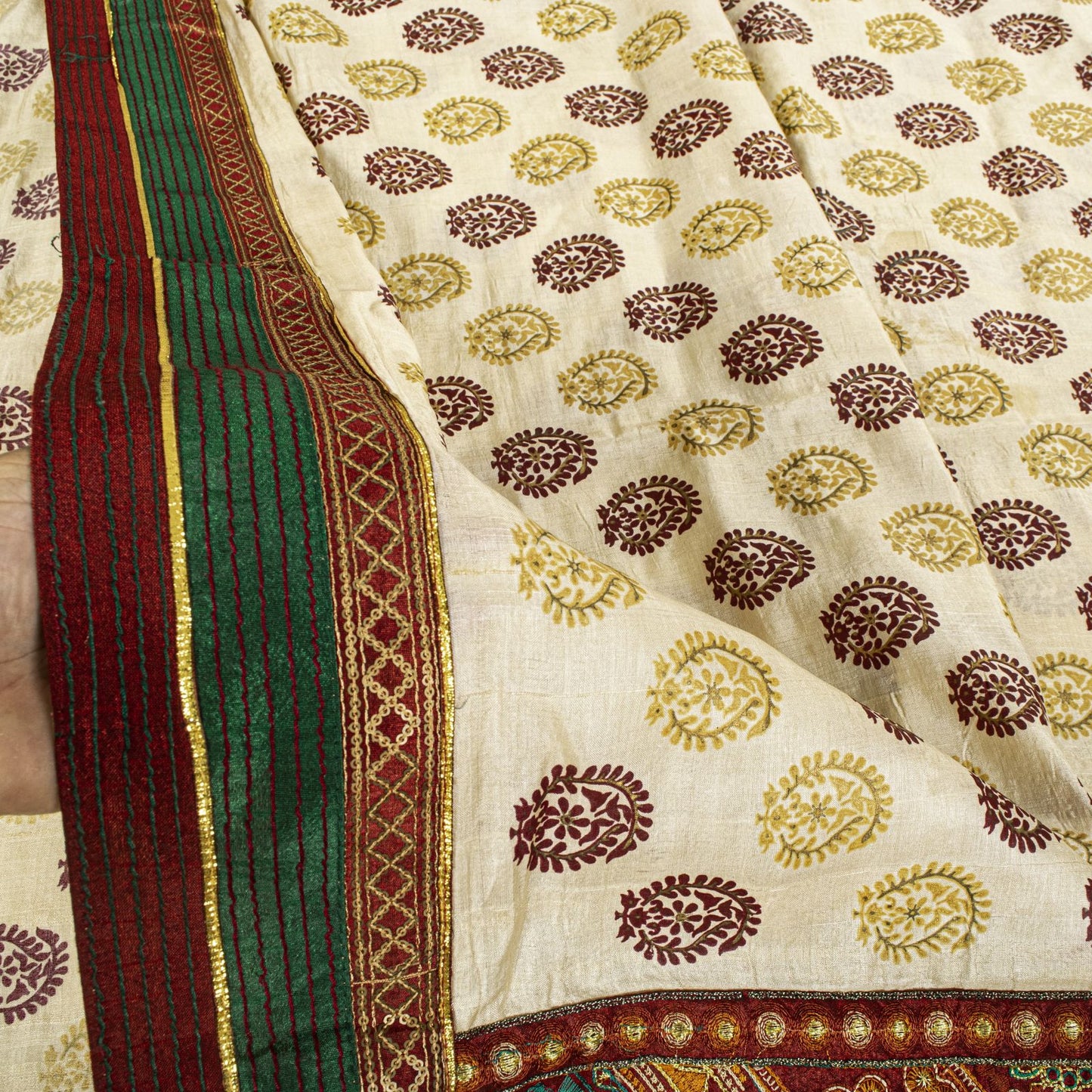 Sanskriti Vintage Saree Off-White Pure Silk Embroidered-Hand Block Printed Sari
