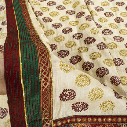 Sanskriti Vintage Saree Off-White Pure Silk Embroidered-Hand Block Printed Sari
