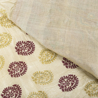 Sanskriti Vintage Saree Off-White Pure Silk Embroidered-Hand Block Printed Sari