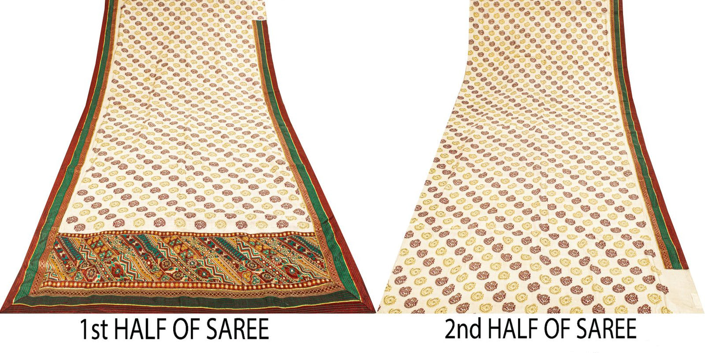 Sanskriti Vintage Saree Off-White Pure Silk Embroidered-Hand Block Printed Sari