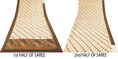 Sanskriti Vintage Saree Off-White Pure Silk Embroidered-Hand Block Printed Sari