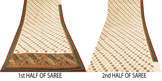 Sanskriti Vintage Saree Off-White Pure Silk Embroidered-Hand Block Printed Sari